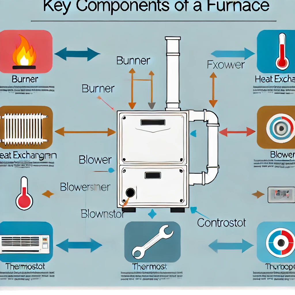 key components of a typical furnace, including the Burner, Heat Exchanger, Blower, Thermostat, and Control Panel