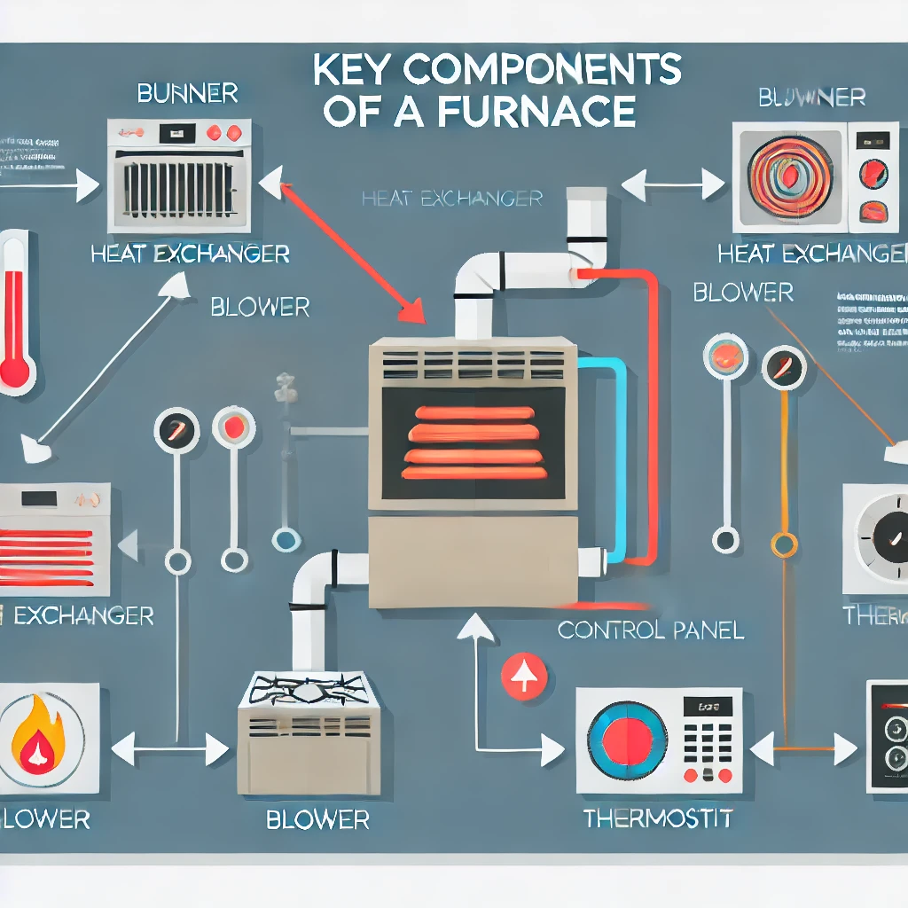 key components of a typical furnace, including the Burner, Heat Exchanger, Blower, Thermostat, and Control Panel